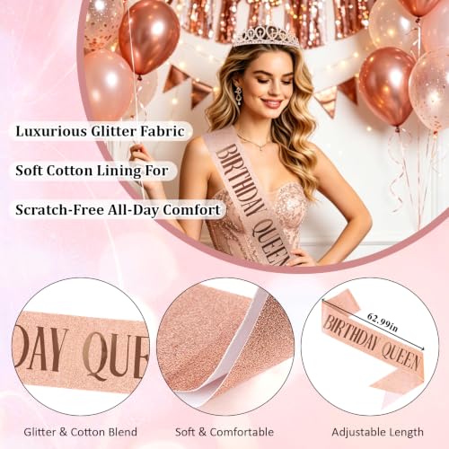 Rose Gold Rhinestone Tiara and Birthday Queen Sash Set