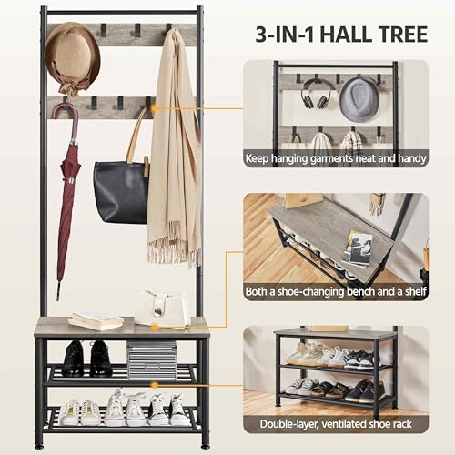 3-in-1 Hall Tree with Storage Bench, Shoe Rack, and 9 Movable Hooks, Gray