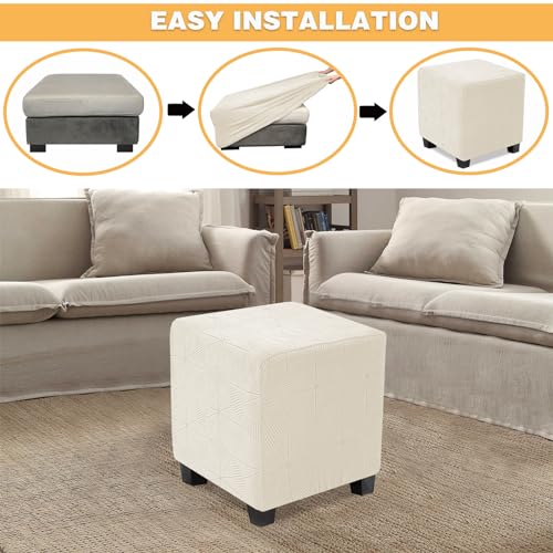 Small Square Ottoman Cover - Stretch Jacquard Slipcover, Beige