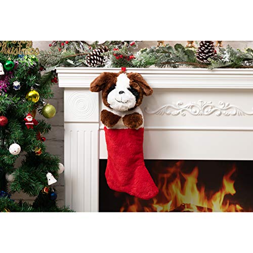 Holiday Plush Dog Stocking 19in - HollyHOME White Brown Puppy Xmas Gift