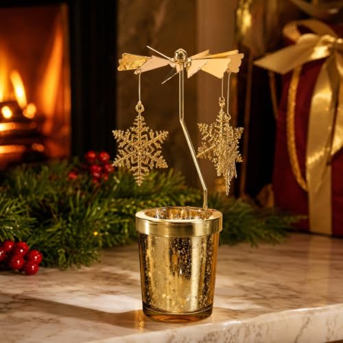 Rotating Christmas Carousel Candle Holder (2 Pack) - Gold Snowflake Tea Light Spinner