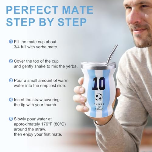 White Argentina Captain No.10 Yerba Mate Cup 8oz Double Wall Stainless Steel GDEIZY