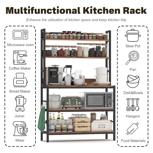 5-Tier Industrial Bakers Rack with Storage Shelves and Hooks