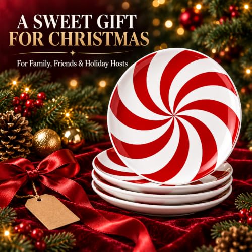 FillTouch Red & White Candy Cane Christmas Plates - 4 Pack Ceramic Serving Platters, 5.91 inches