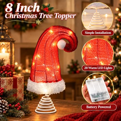 8 Inch Red Santa Hat Christmas Tree Topper with 6H Timer (Battery Operated) - Santi Hat Variation 8 Inch Red Hat