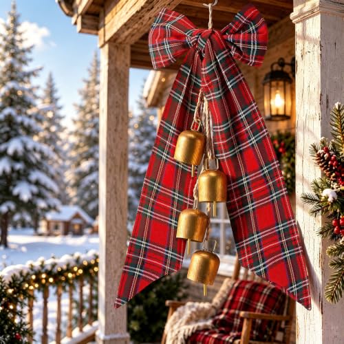 18 Inch Christmas Bow with Cow Bells and Tartan Plaid for Tree Decor