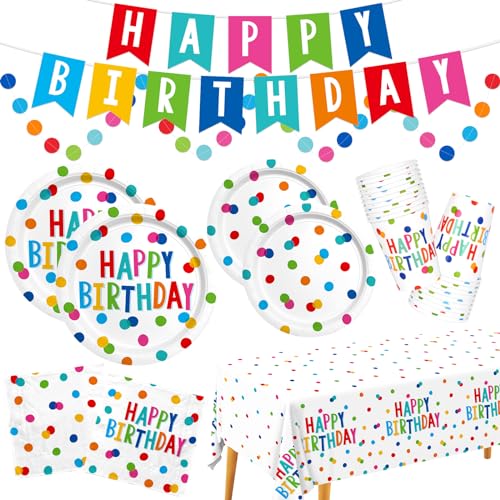 Gatherfun Multicolor Dots Birthday Party Supplies Set - Serves 25, Includes Plates, Napkins, Cups, Banner & Tablecloth