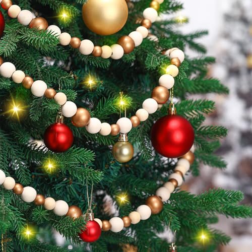2 Pcs Christmas Wood Bead Garland - Gold & Wood Color (12ft)