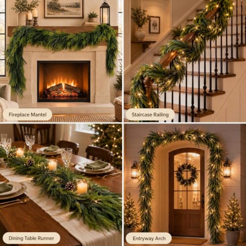 Auwoypetal 9FT Christmas Norfolk Pine Garland with 50 Warm White LED Lights
