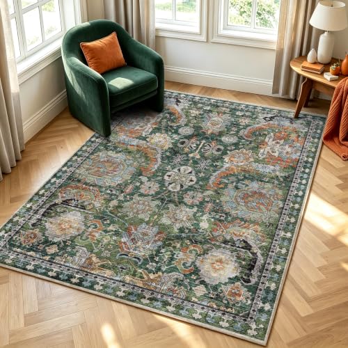 Washable Vintage Tribal Area Rug 5x7 - Non-Slip Low-Pile Green Rug
