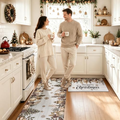 AtawLege Merry Christmas Kitchen Rug Set 2 Piece - 17x29 + 17x47 anti-fatigue mats