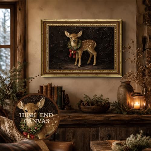 Christmas Deer Wreath Wall Art - Framed Spotted Fawn 16" x 12"