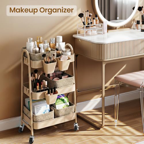 Rolling Utility Cart with 4 Woven Baskets & Lockable Wheels, Brown