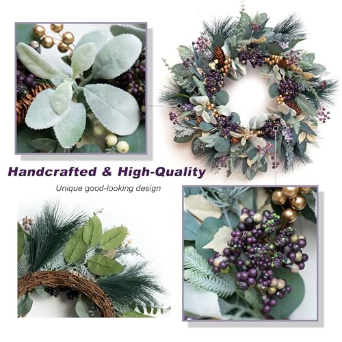 Artificial Winter Wreath for Front Door 22-Inch Rustic Evergreen Decor
