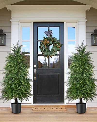 4ft Artificial Cedar Topiary Trees - UV Rated Potted Shrubs (2 Pack)