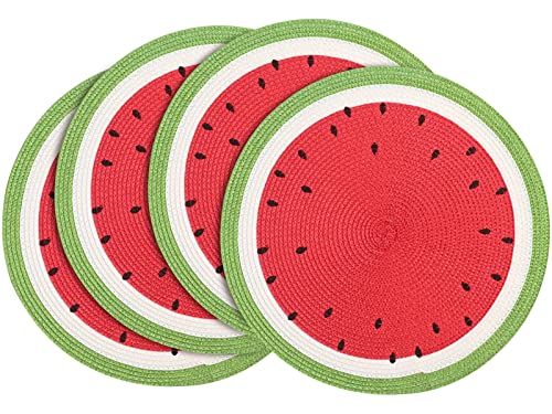 Zupro Round Watermelon Placemats Set of 4 - 15 inch Braided Indoor/Outdoor