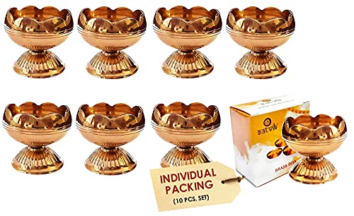 Pure Brass Diya Set of 10 - Handmade Traditional Oil Lamp for Puja & Mandir