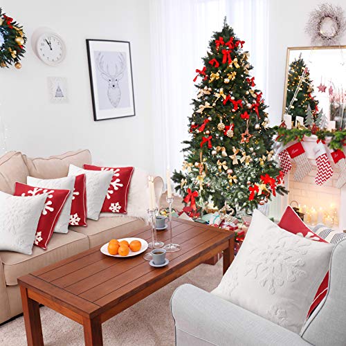 Christmas Snowflake Throw Pillow Covers 18x18 Set of 4 Red White Embroidered Linen Decor