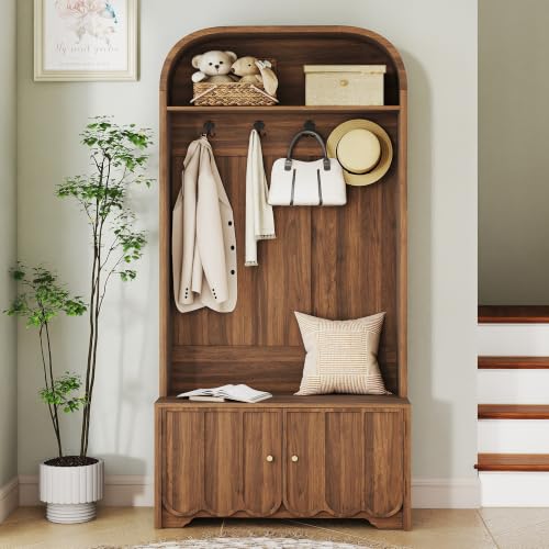Narrow Hall Tree with Storage Bench and Shoe Cabinet, Walnut Finish