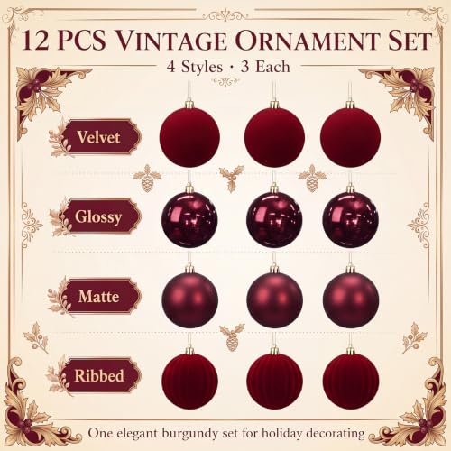 12-Pack Burgundy Christmas Ornaments - Velvet Ball Tree Decorations