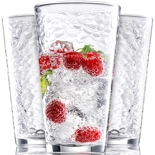 16oz Hammered Glass Tumblers - Set of 10 Stackable Drinking Glasses
