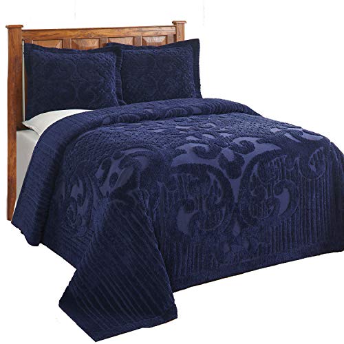 Chenille King Size Bedspread 100% Cotton Tufted Medallion Navy