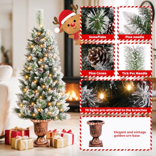 4ft Pre-Lit Artificial Christmas Tree with Gold Pot and Flocked Snow