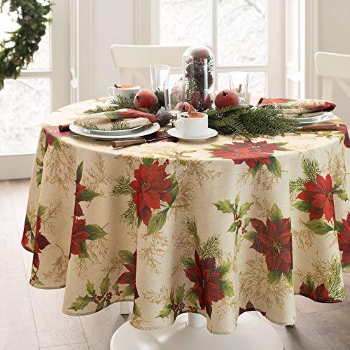 Festive Poinsettia Tablecloth - 70" Round, Multicolor Holiday Fabric by Threadmade