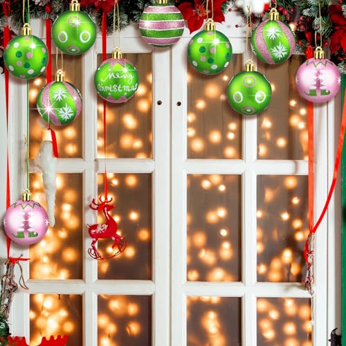 Knitgrip 24 Pink Green Christmas Ball Ornaments - 2 Inch Plastic Tree Decor Set