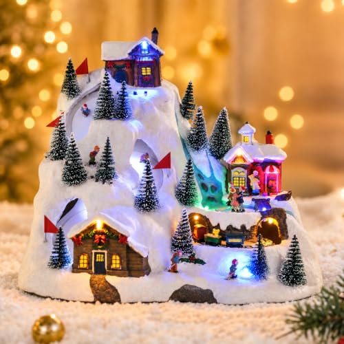 VCUTEKA Alpine Village Christmas Village Scene with Rotating Train & Skaters - Holiday Decor