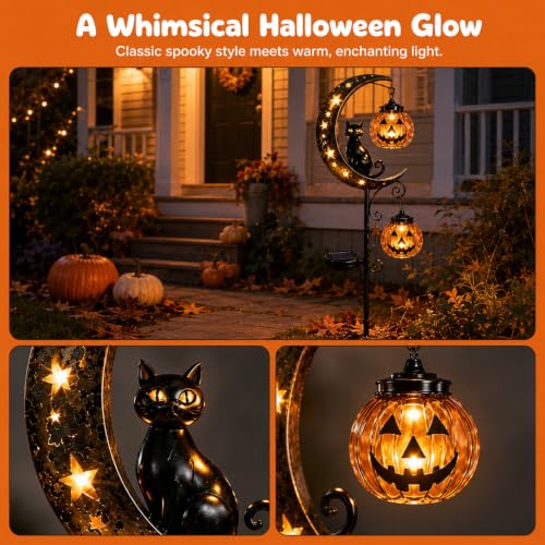Solar Halloween Black Cat & Pumpkin Moon Stake Light, Outdoor Metal LED Decor