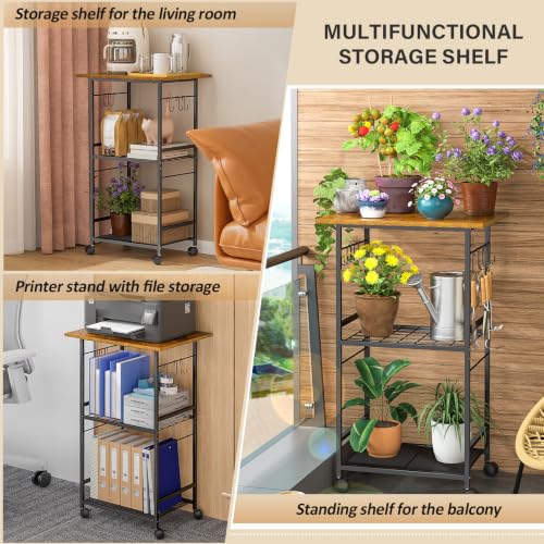 3-Tier Rolling Kitchen Microwave Cart with Adjustable Shelf & Hooks