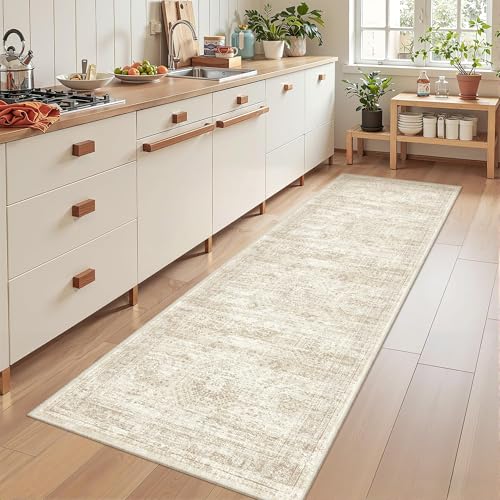 2x8 Washable Non-Slip Hallway Runner Rug - Soft Beige Vintage Carpet