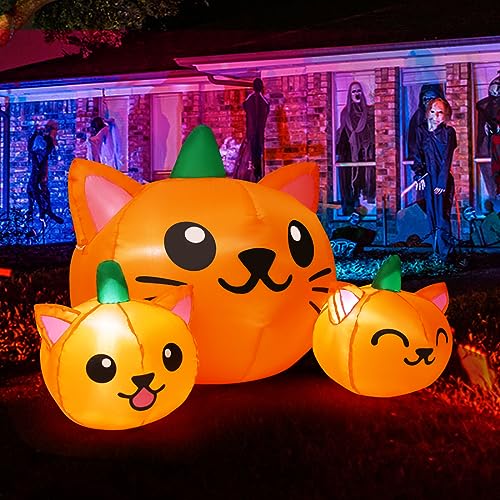 5ft Halloween Inflatable Pumpkin Cat Heads with Built-In LED Lights