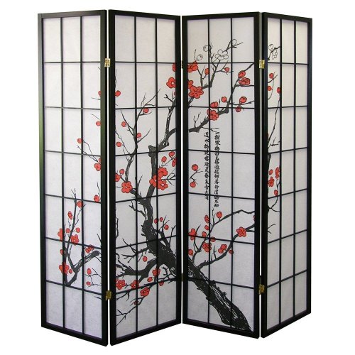 4-Panel Japanese Shoji Room Divider - Plum Blossom Print, Black Wood