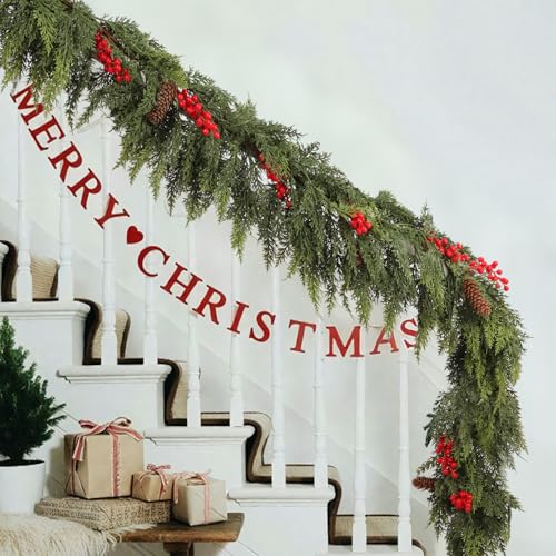 Senksll 6ft Artificial Cedar Garland with Red Fruits and Pine Cones Holiday Decor