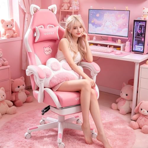 Pink Ergonomic Gaming Chair with Cat Ears, Footrest and Reclining Backrest
