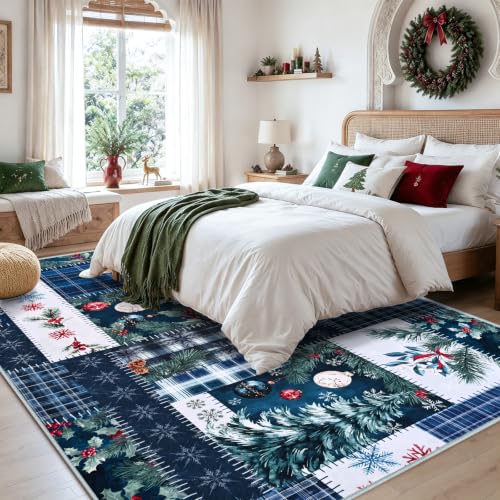 AtawLege Christmas Area Rug 5x7 Blue - Washable Winter Patchwork with Non-Slip Backing