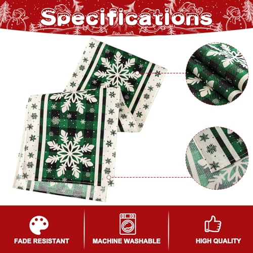 OTOSTAR Buffalo Plaid Snowflake Green Table Runner 13x48in – Christmas Kitchen Decor, Indoor Outdoor
