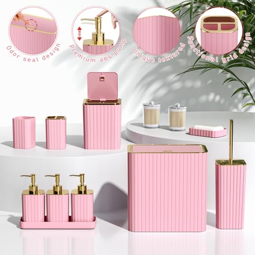 12-Piece Pink Bathroom Accessory Set with Trash Can and Soap Dispenser