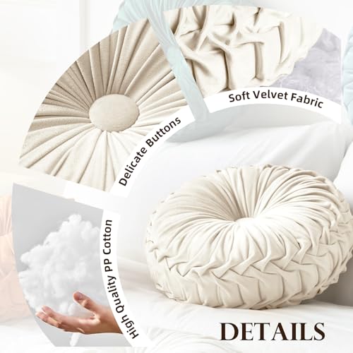 Pleated Round Velvet Throw Pillow, 15-Inch Decorative Boho Cushion for Sofa