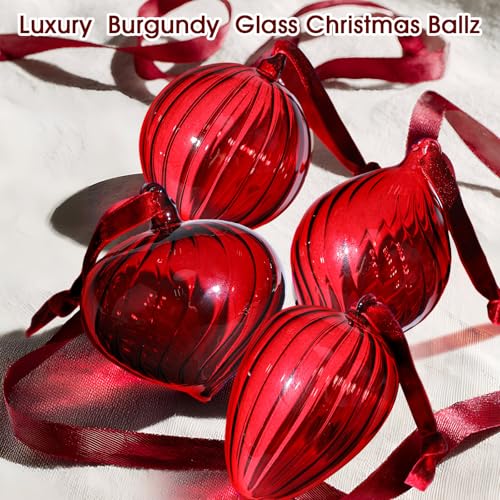 VitalCozy Burgundy Glass Christmas Ornaments Set, 12 Pcs, 3.15 Inch Holiday Decor