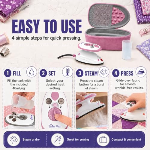 The Quilted Bear Mini Steam Iron for Quilting and Travel - Pink