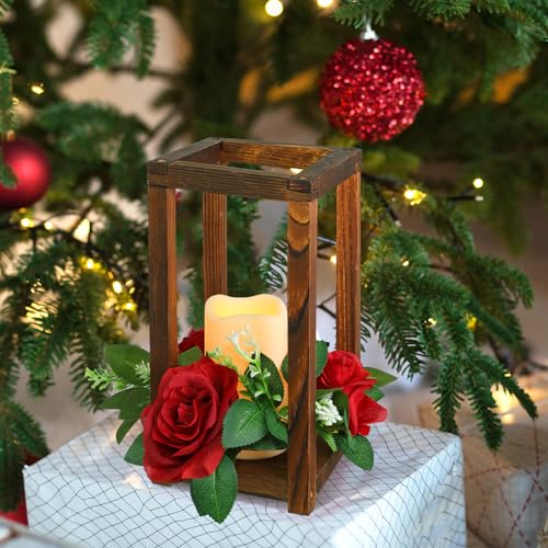 Hushee 60-Piece Wooden Wedding Lantern Centerpieces, Brown & Red with 20 LED Candles