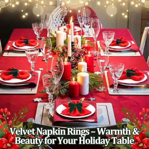 ANPHSIN Green Velvet Bow Christmas Napkin Rings Set of 6 Holiday Table Decorations