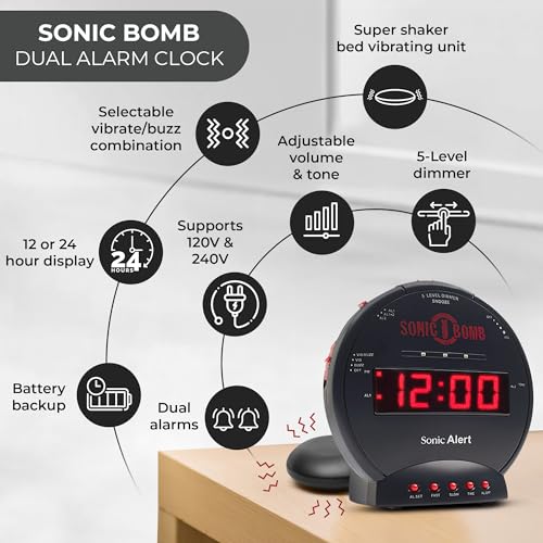 Extra Loud Dual Alarm Clock with Bed Shaker for Heavy Sleepers, Black