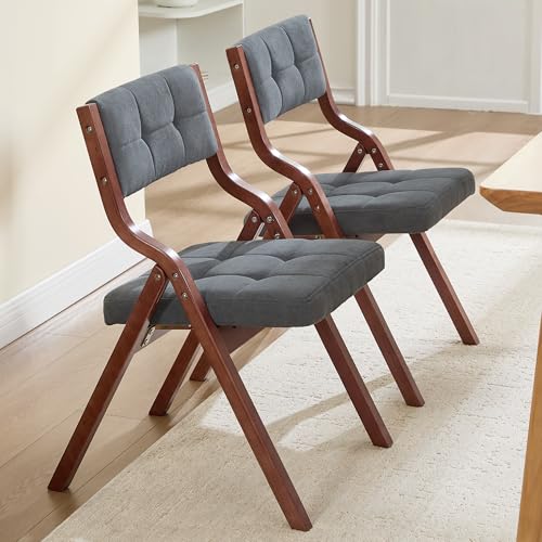 Padded Wooden Folding Dining Chairs - Walnut & Dark Grey, Set of 2