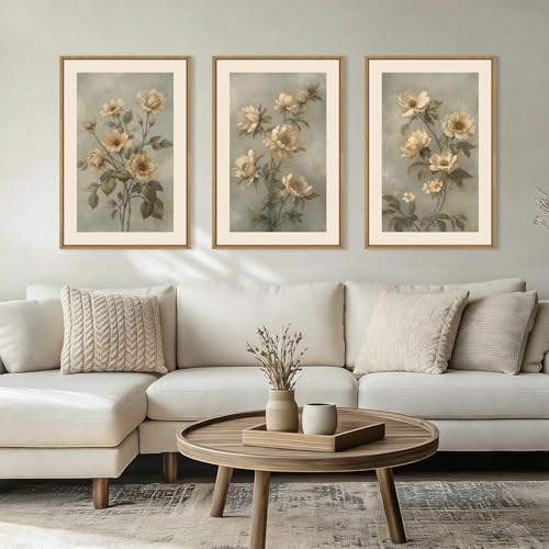 Vintage Botanical Flower Framed Canvas Wall Art, 3-Piece Floral Triptych