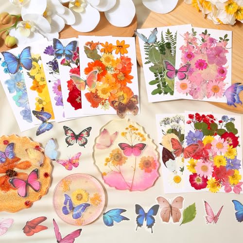 318 PCS Dried Pressed Flowers and Butterfly Stickers Set for DIY Crafts