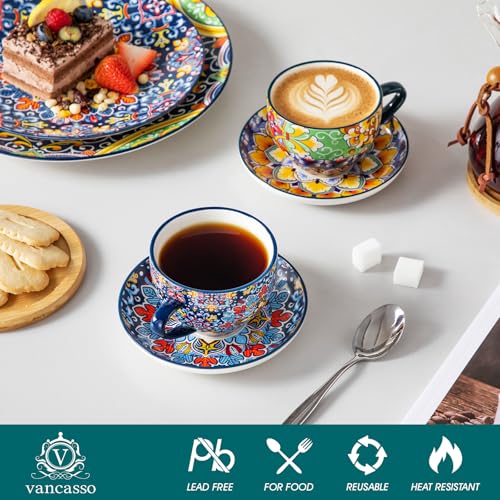 Vancasso 8oz Porcelain Cappuccino Cups & Saucers Set of 6 - Bohemian Design, Dishwasher & Microwave Safe